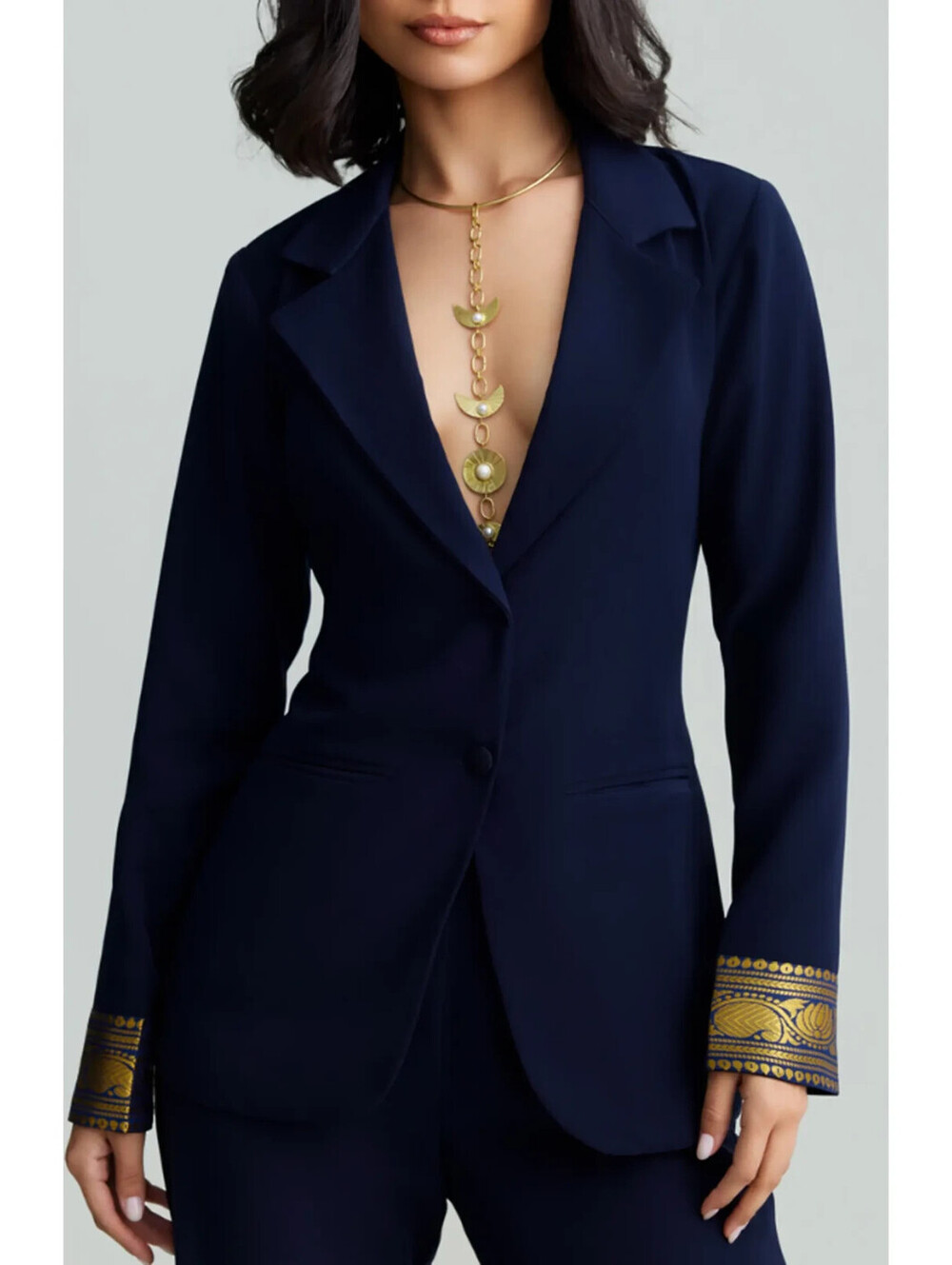 NEW, HoliCHIC Mila Metallic Contrast Cuff Blazer in Navy Sz S #SJ2665
